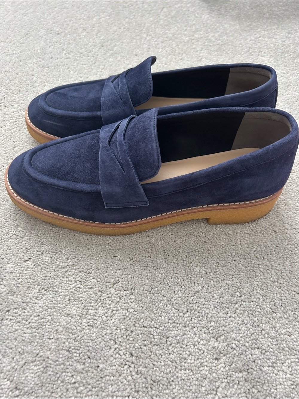 Stuart Weitzman Navy Suede Penny Loafers - Picture 2 of 5